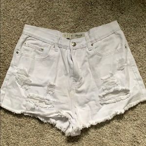 White distressed denim shorts